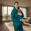 Man in teal tracksuit holding a small dog in a modern living room with large windows.