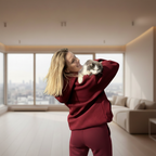 Woman in a Burgundy outfit holding a cat in a modern living room with large windows.