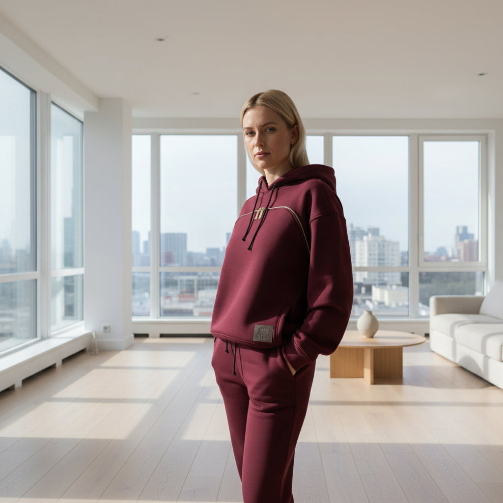 Person wearing a  Burgundy hoodie and pants in living room 