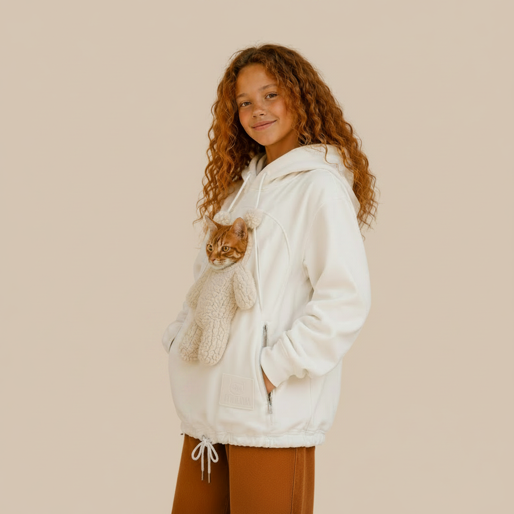 A young girl with long curly brown hair wearing a cream-colored hoodie with a plush cat toy tucked into the front pocket, paired with brown pants, standing against a neutral beige backdrop with soft leaf shadows.