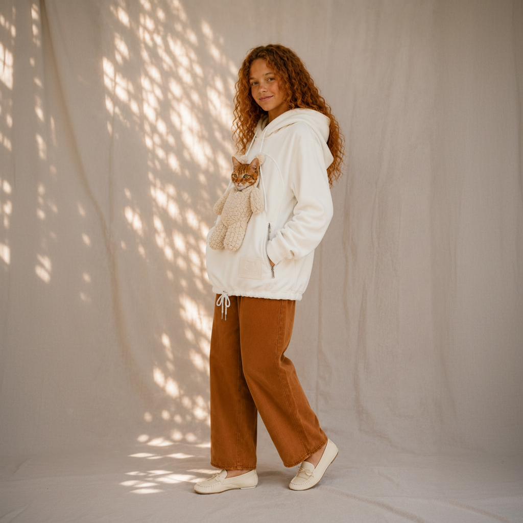 A young girl with curly brown hair stands in a studio wearing a white hooded sweatshirt with a teddy bear graphic on the front, brown wide-leg pants, and white slip-on shoes. She is posed against a draped fabric backdrop with dappled sunlight filtering through.