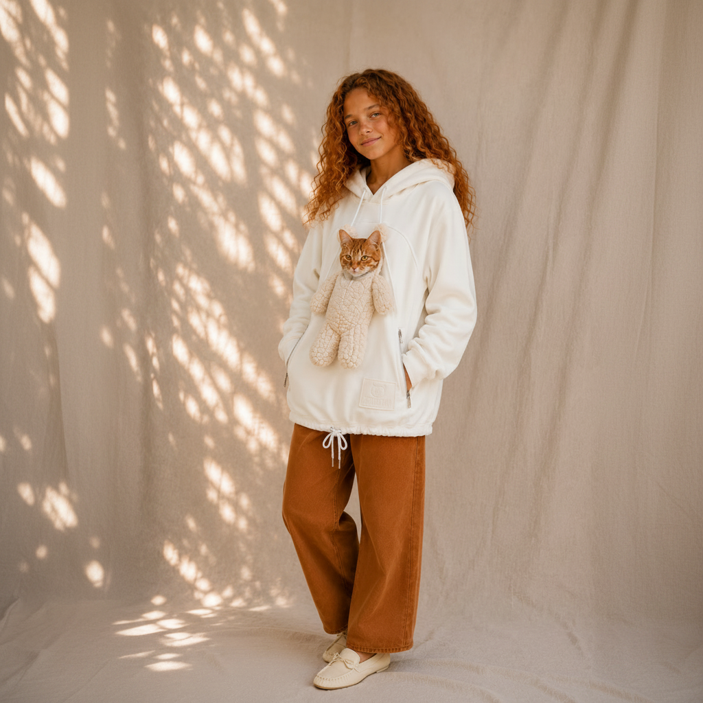 A woman with curly brown hair stands against a beige fabric backdrop, wearing a cream-colored hoodie with a plush teddy bear graphic on the front, paired with brown wide-leg sweatpants and white sneakers.
