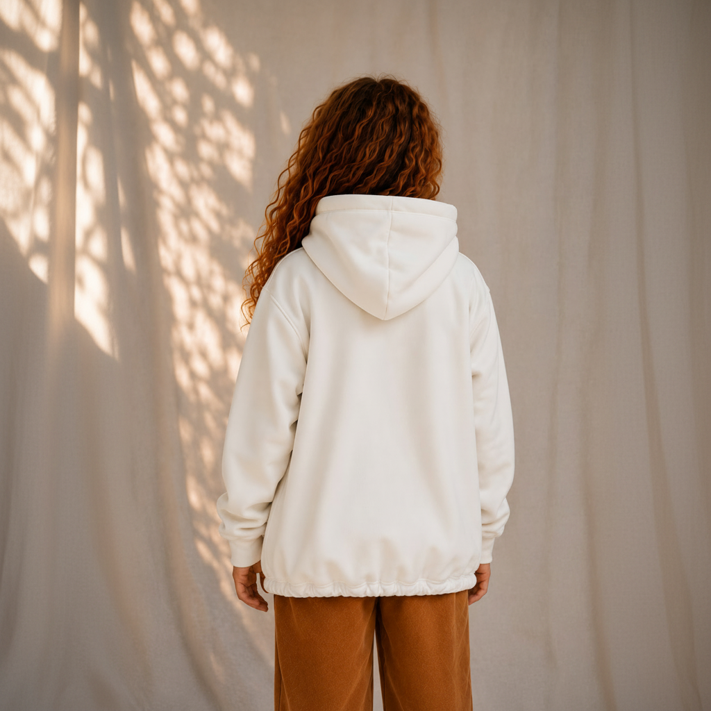 A person viewed from behind wearing an oversized off-white hooded sweatshirt and brown pants, standing against a light neutral backdrop with dappled sunlight and shadows.