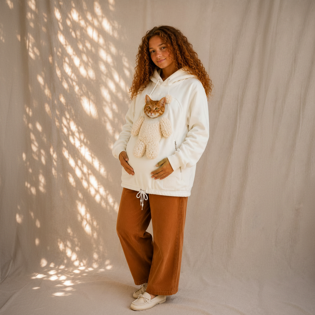 A woman with long curly brown hair stands in a studio wearing a cream-colored hoodie with a plush cat design on the front, paired with brown wide-leg sweatpants and white sneakers. The background is a neutral beige fabric backdrop with dappled sunlight patterns.