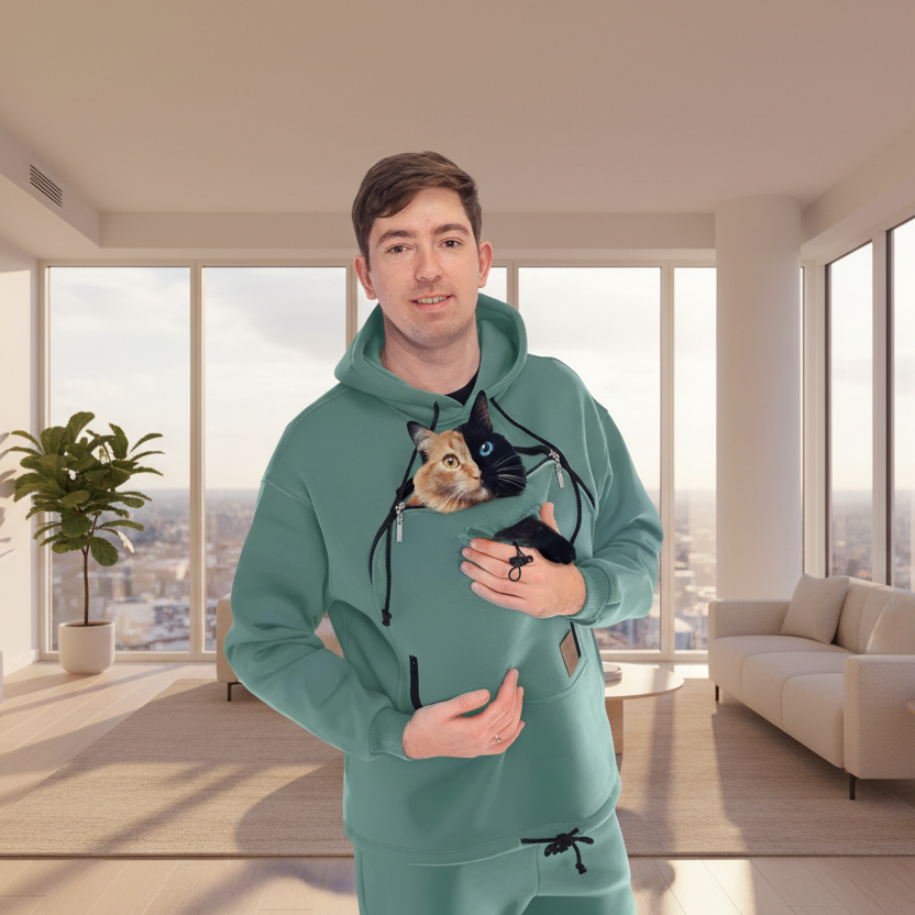 Person wearing a Emerald Green hoodie with a cat design in a modern living room. Основне зображення