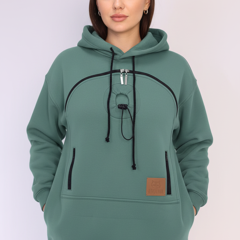 Emerald hoodie with black accents on a white background