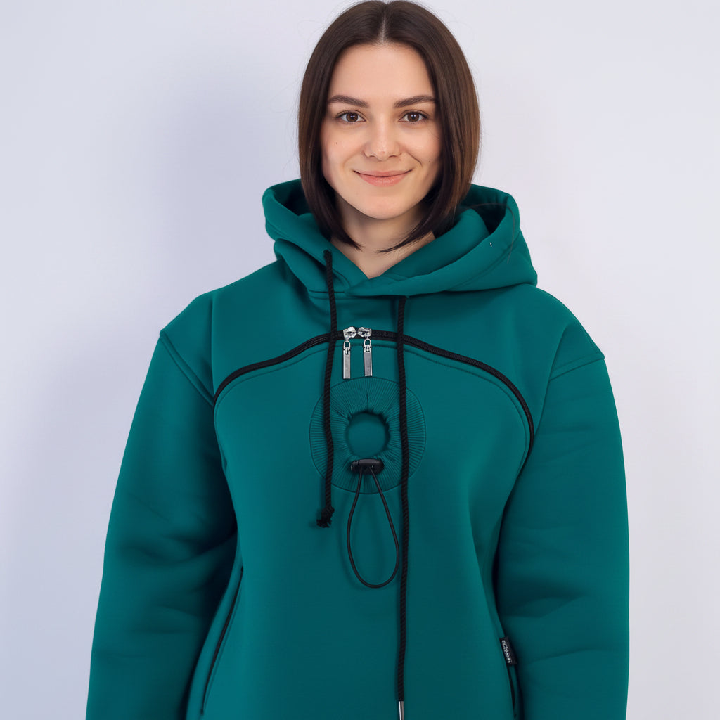 Teal hoodie with black accents and a brown patch on a white background