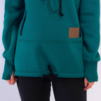 Forest Green hoodie with a brown patch on a white background