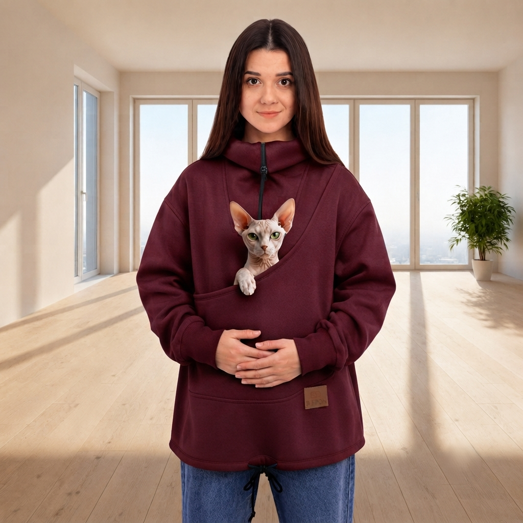 Person wearing a burgundy sweatshirt with a cat in an indoor setting Main image