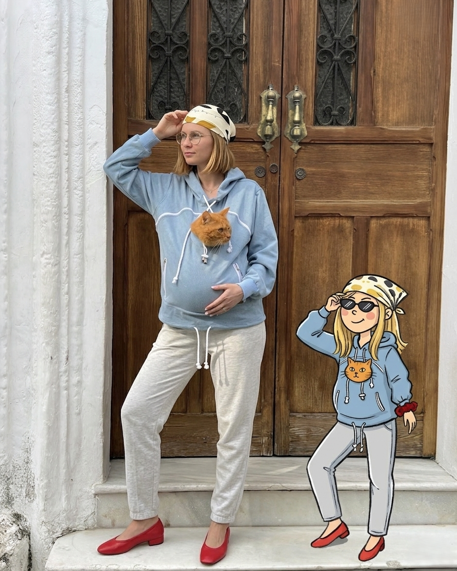 Woman in blue hoodie with cartoon character, standing in front of a wooden door.