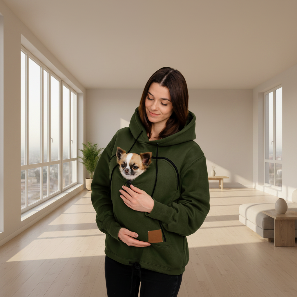 A woman in a bright, modern room wearing an dark green hoodie and holding a small dog in a pet pocket. The room has large windows, light wood floors, and a minimalist sofa in the background. Main image