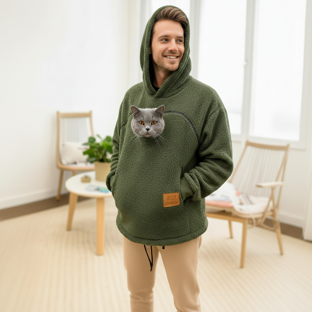 Man wearing a green Khaki hoodie with a cat face design in a room with light-colored walls and wooden furniture.