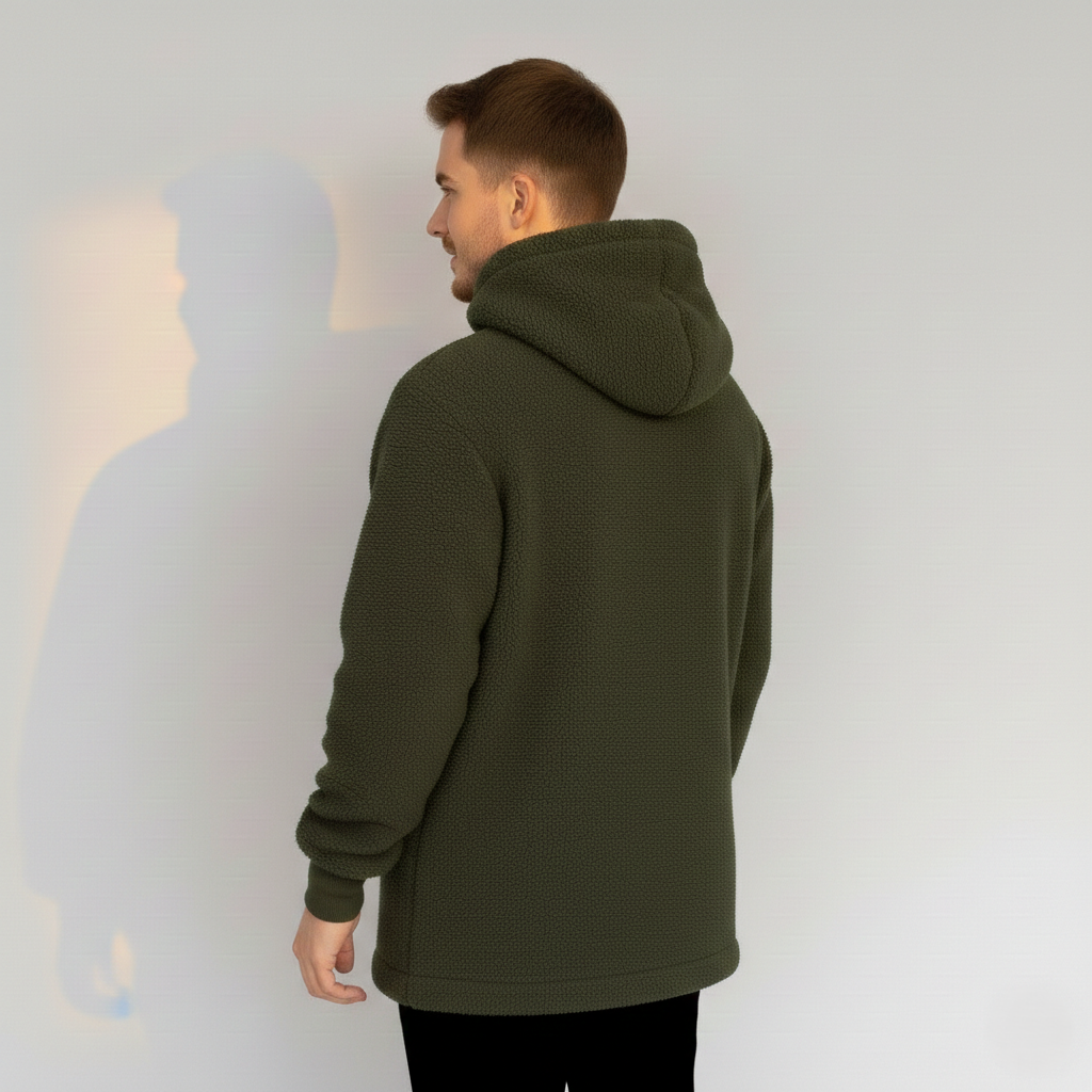 Man wearing a green khaki hoodie against a plain background