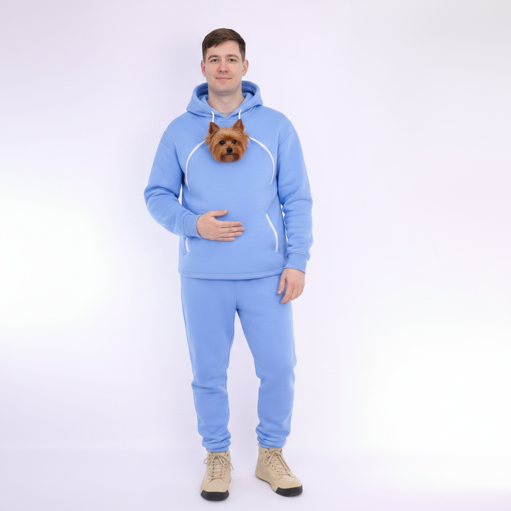 Person wearing a light blue hoodie and pants with a dog peeking out from under the hood on a white background