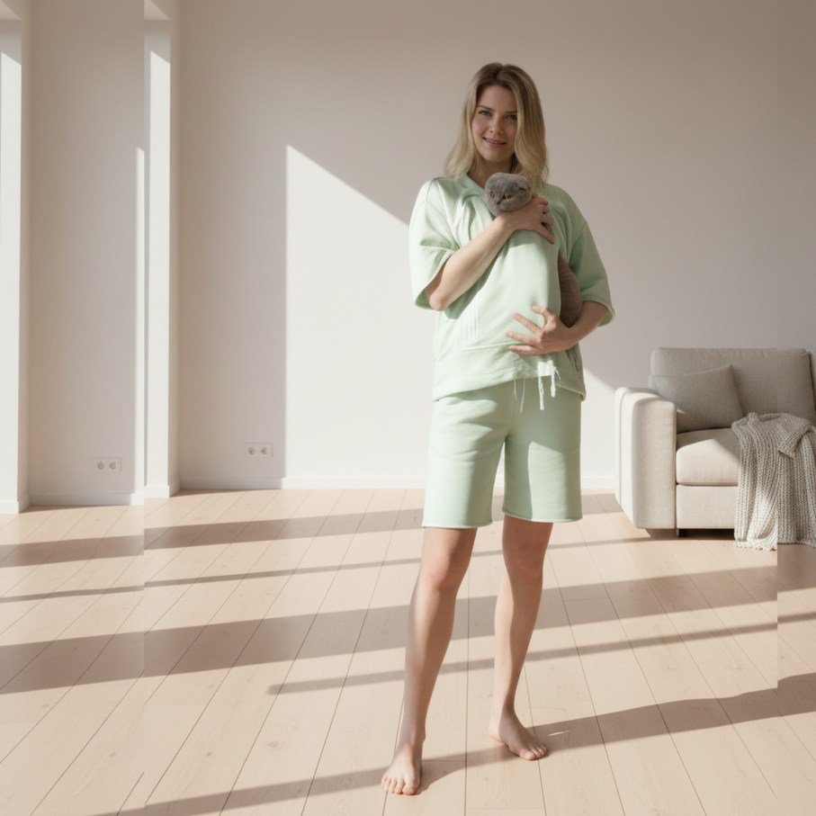 Woman in lime green outfit holding a cat in a sunlit room.