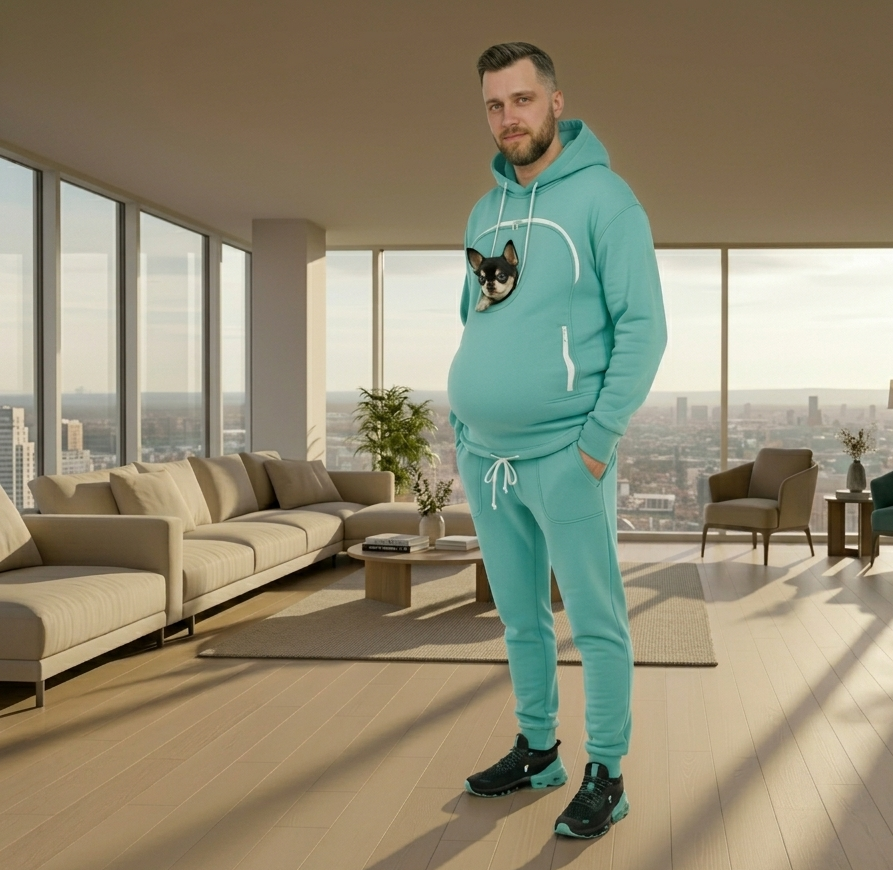 Men in mint hoodie and pants standing in a modern living room with city view