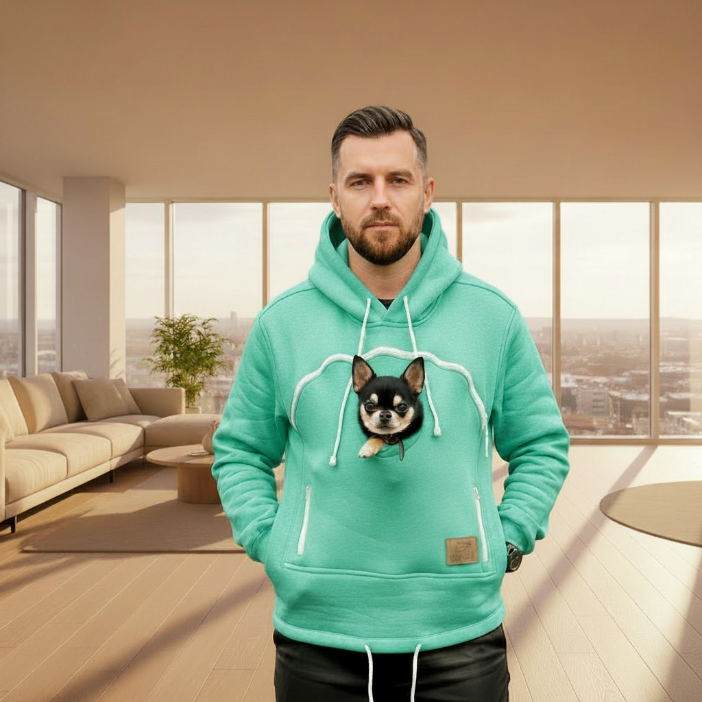 Man wearing a Mint Green hoodie with a dog design in a modern living room. Main image