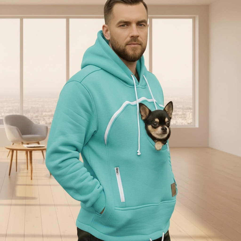 Man wearing a Mint Green hoodie with a dog peeking out of the front pocket in a modern living room.