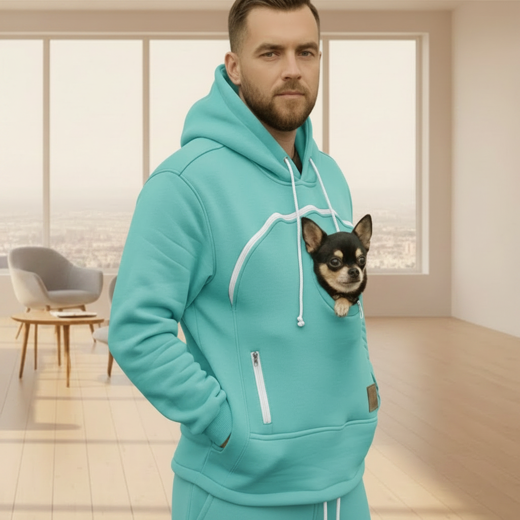 Man wearing a mint hoodie with a dog peeking out of the pocket in a modern room.