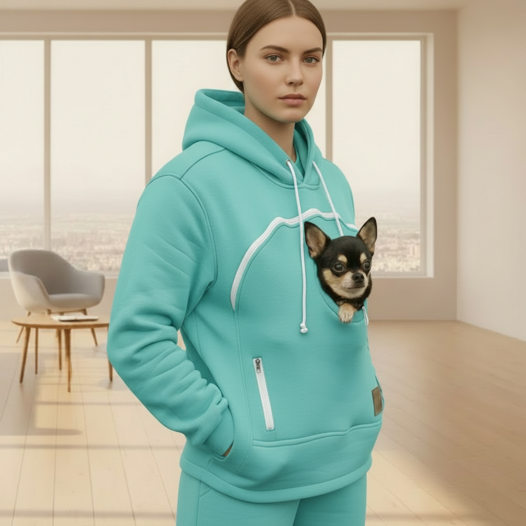 Women wearing a turquoise hoodie with a dog peeking out of the pocket in a room.