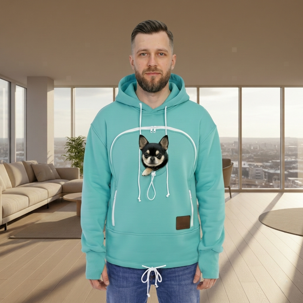 Man wearing a Mint Green hoodie with a dog graphic in a modern living room.