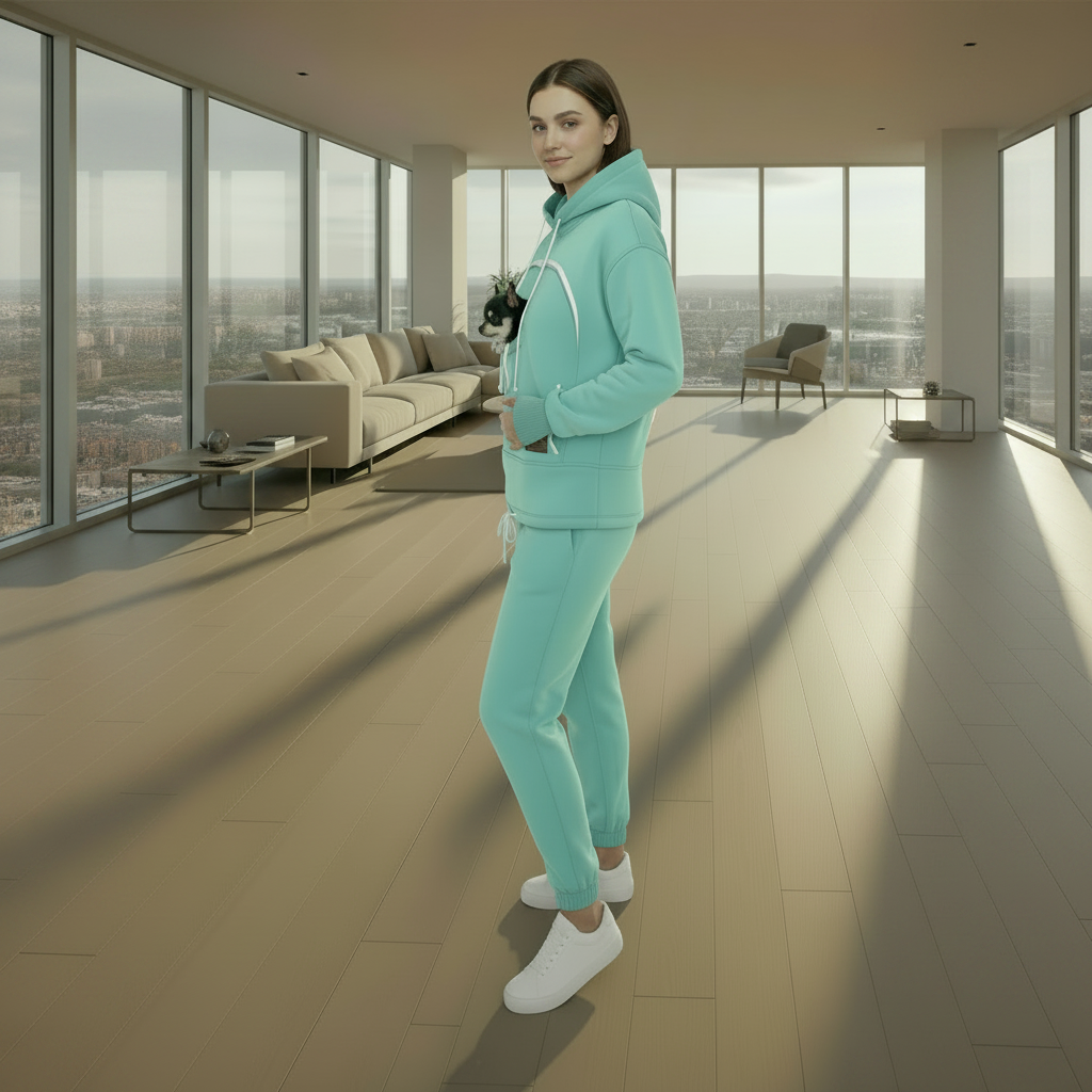 Woman in mint tracksuit standing in a modern living room with large windows.