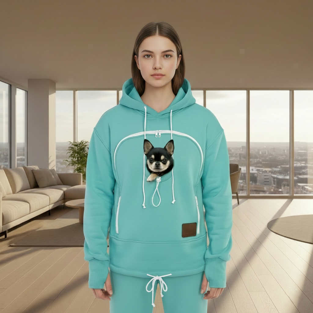 Person wearing a mint hoodie with a dog in a modern living room. Main image