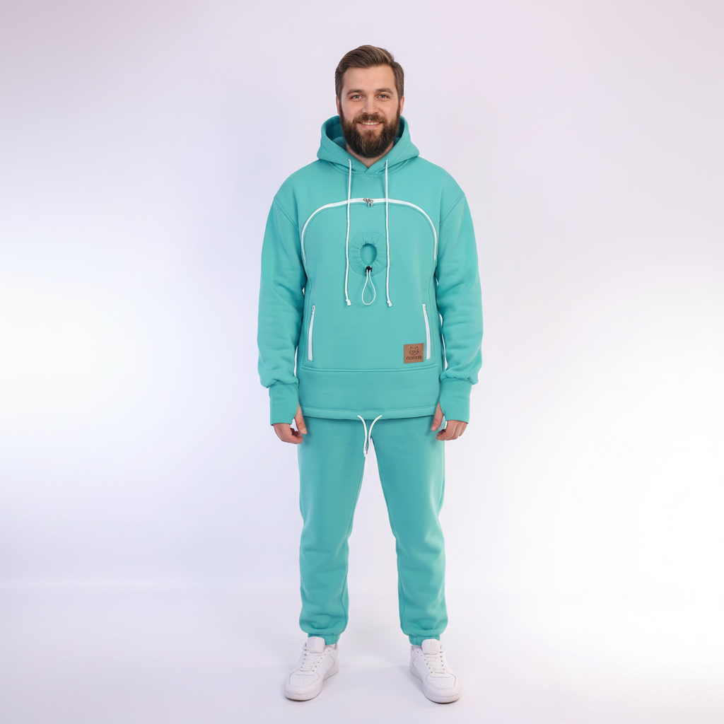 Man wearing a mint tracksuit with a white background