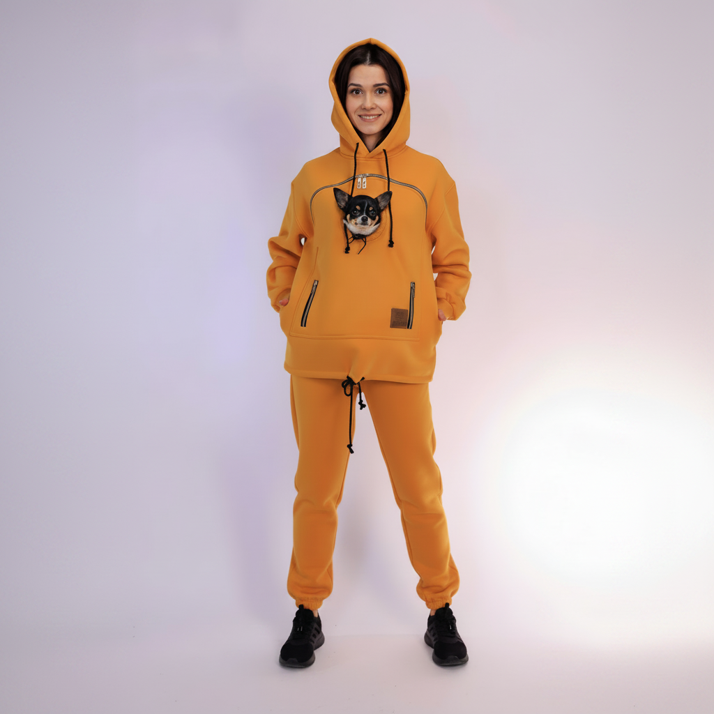 Person wearing a mustard yellow hoodie and pants with a dog on a white background Main image