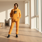 Person wearing a mustard yellow hoodie and pants in a modern room with large windows.
