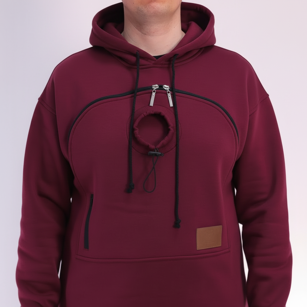 Red Burgundy hoodie with a brown patch on a white background