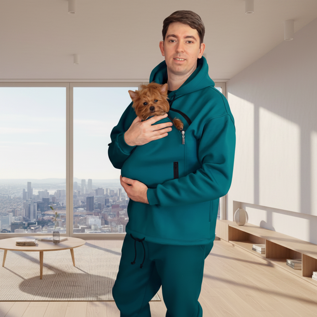 Man in teal tracksuit holding a small dog indoors with a cityscape view.