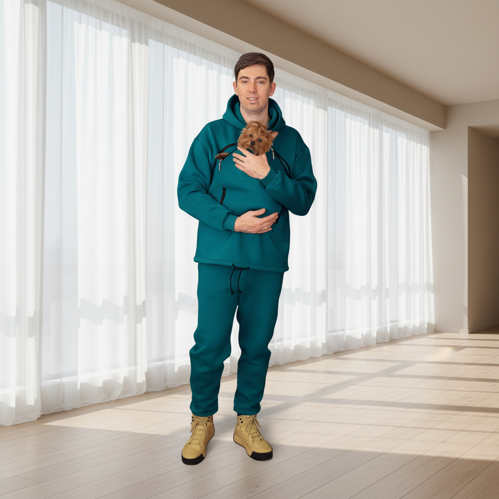 Person in teal jumpsuit holding a small dog in a room with large windows and wooden floor.