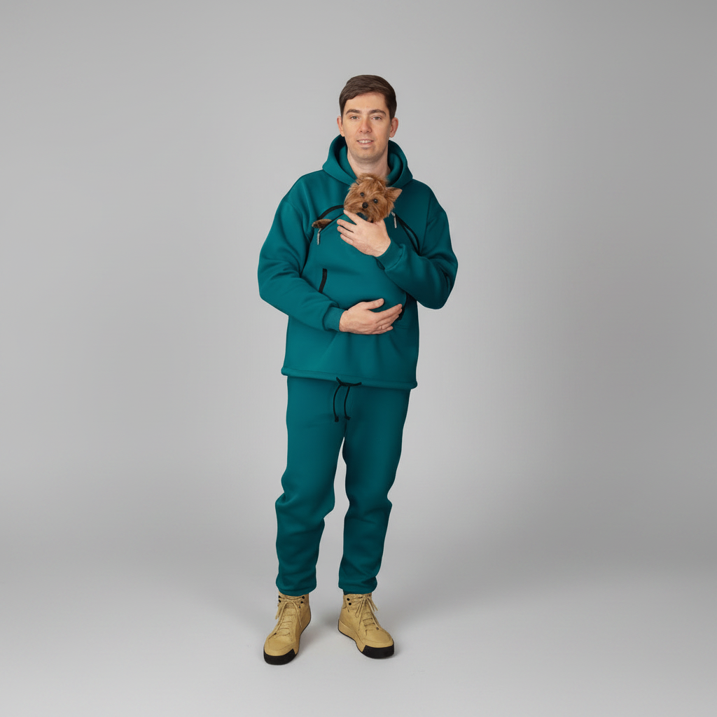 Man wearing teal outdoor gear holding a small dog on a gray background Main image