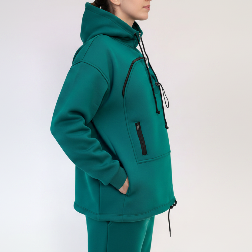 Person wearing a teal tracksuit with black accents on a white background