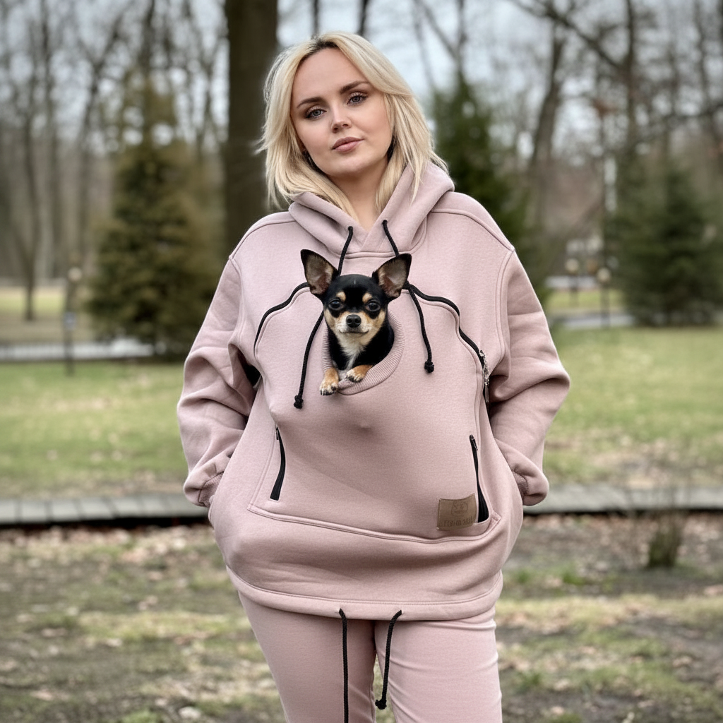 Woman wearing a beige hoodie with a dog, standing outdoors.