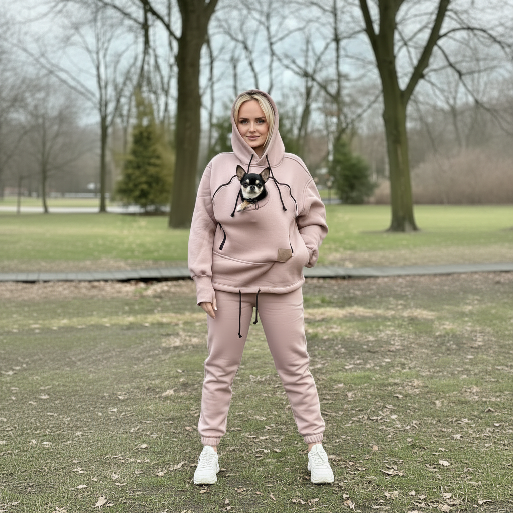 Women's Winter Hoodie & Joggers Set with Pet Carrier Pocket – Cappuccino Secondary image