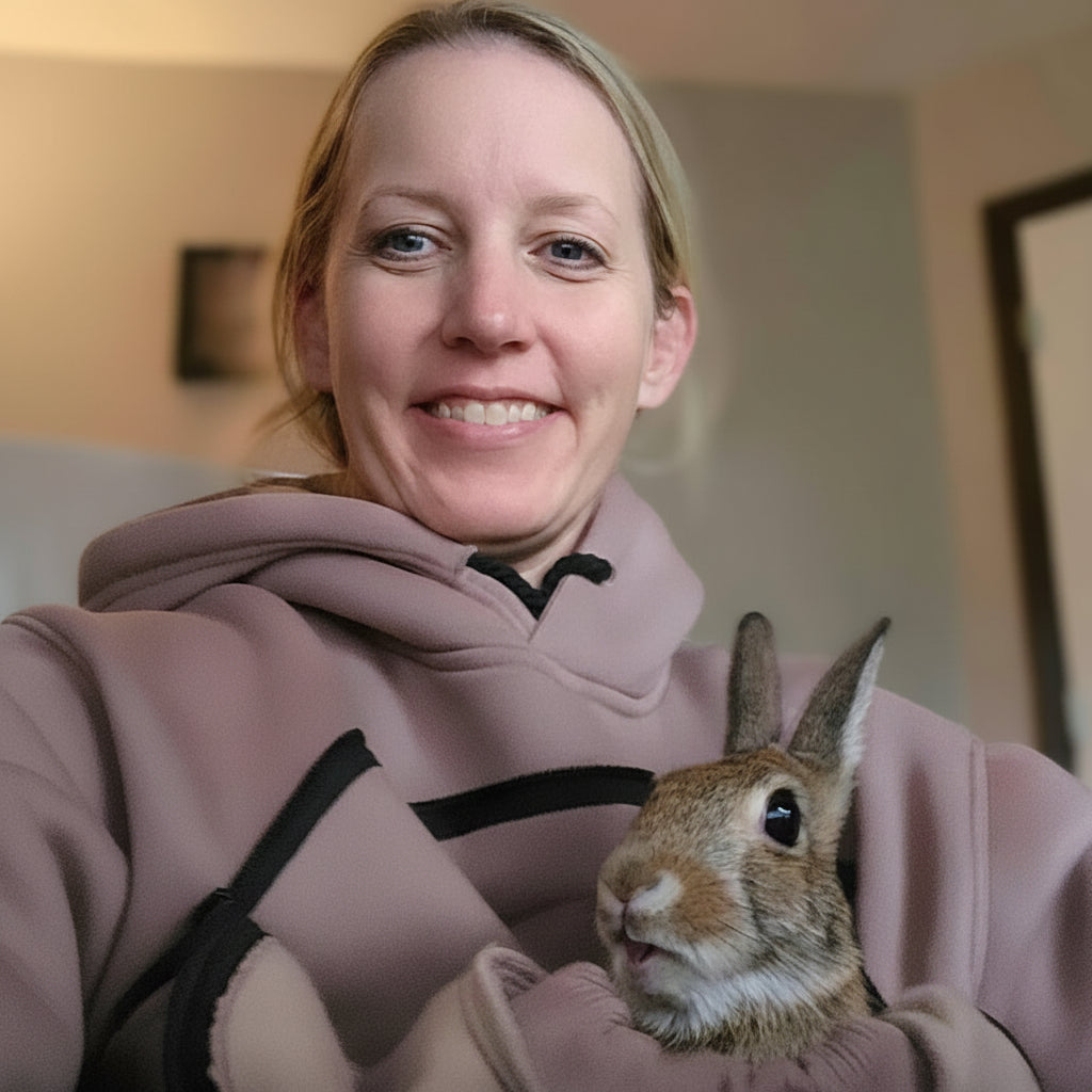 Woman holding a rabbit indoors