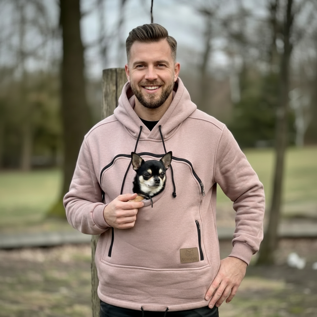 Man wearing a beige hoodie with a dog design, standing outdoors.