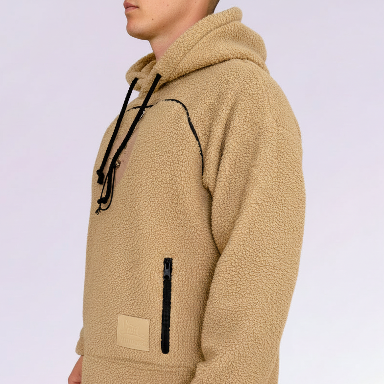 Beige fleece hoodie with black drawstrings on a light purple background