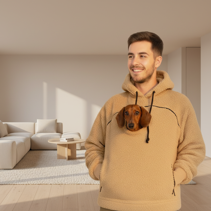 Man wearing a beige boucle hoodie with a dog design in a modern living room.