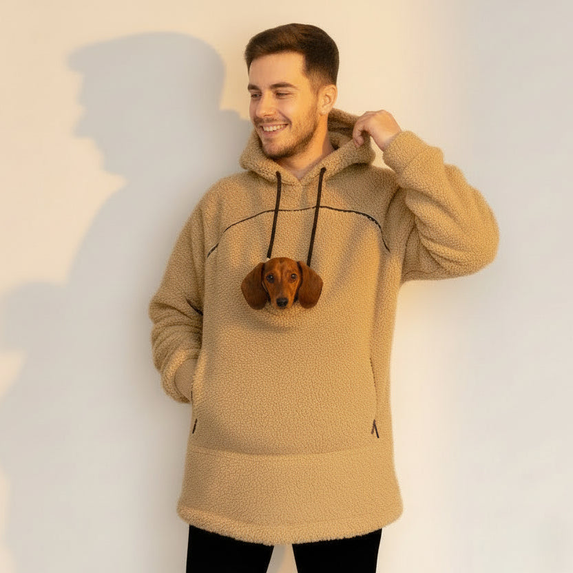 Men's Beige Sherpa Hoodie: Sausage Dog Apparel with Pet Pouch for Dogs & Cats Owners Secondary image