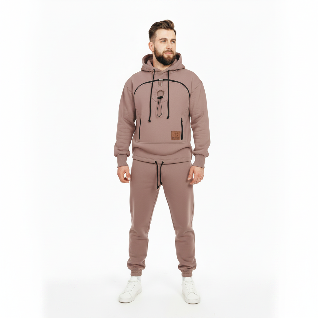 Man wearing a brown tracksuit with a white background