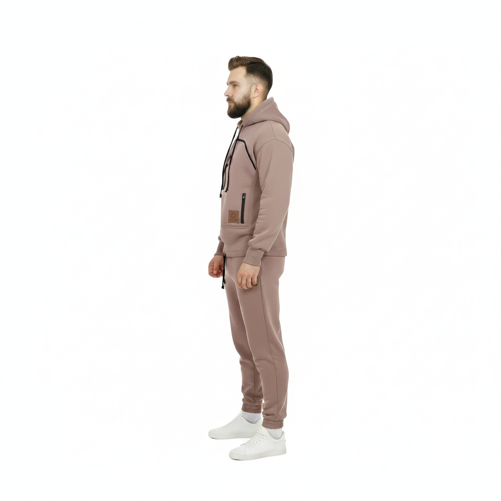 Man wearing a brown tracksuit on a white background