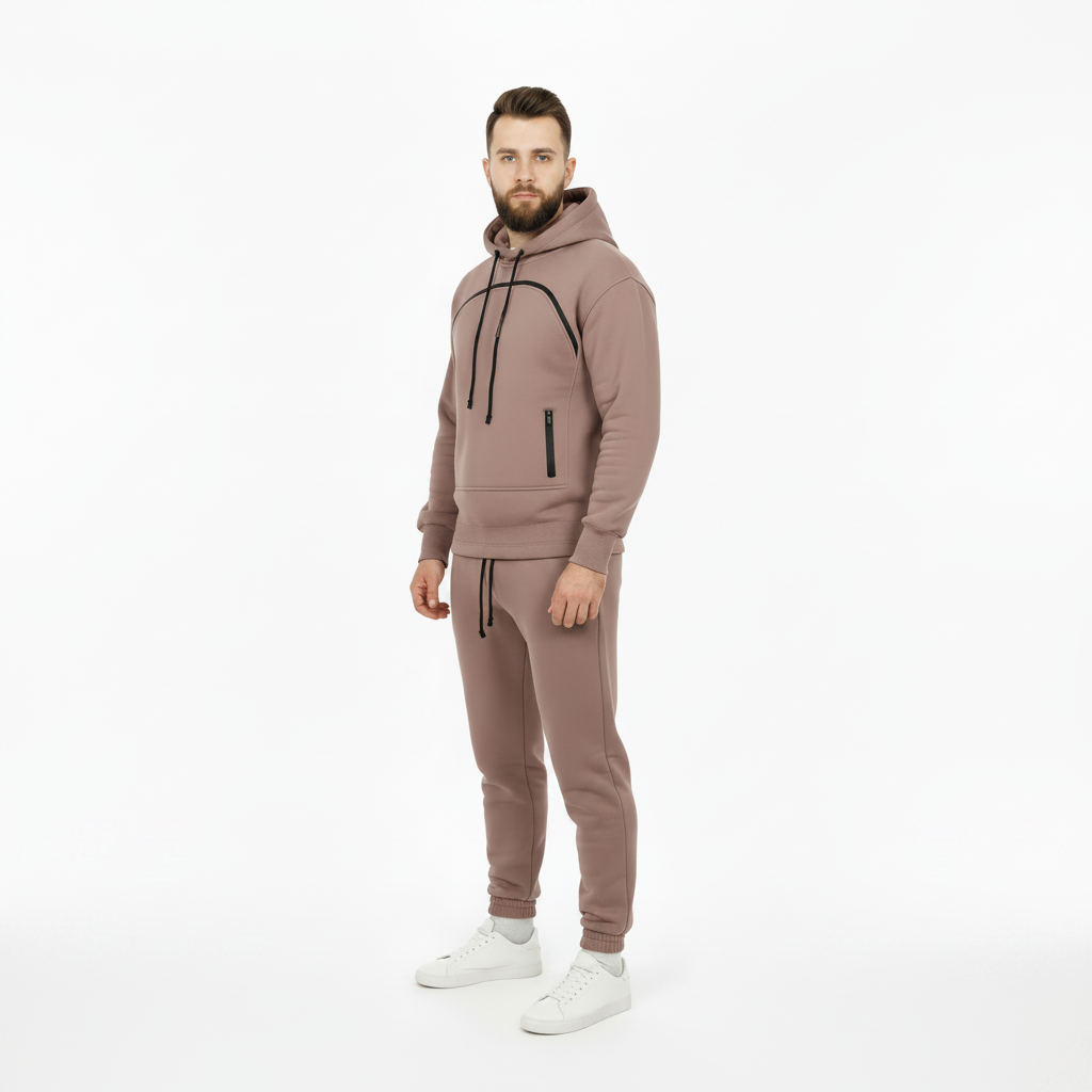 Man wearing a brown tracksuit on a white background