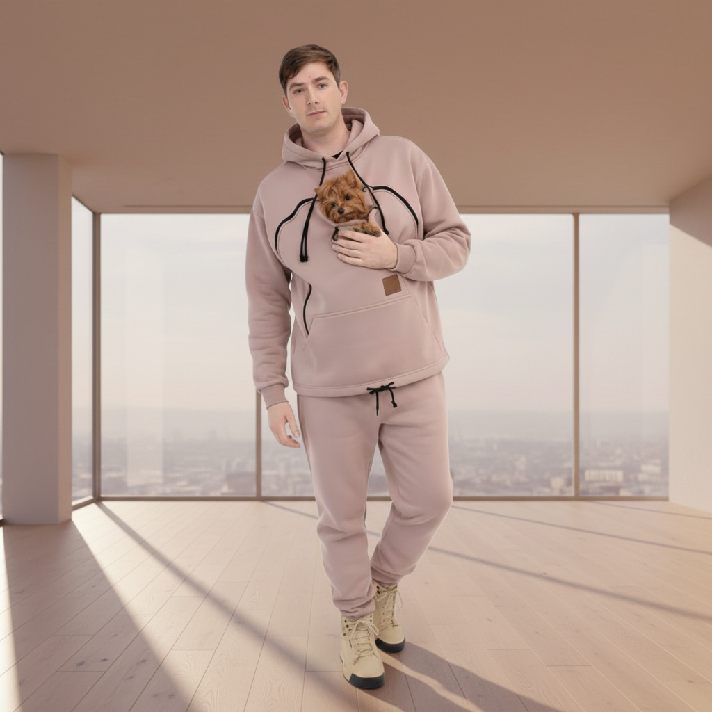 Person wearing a beige tracksuit with a hood, holding a small dog, on a white background