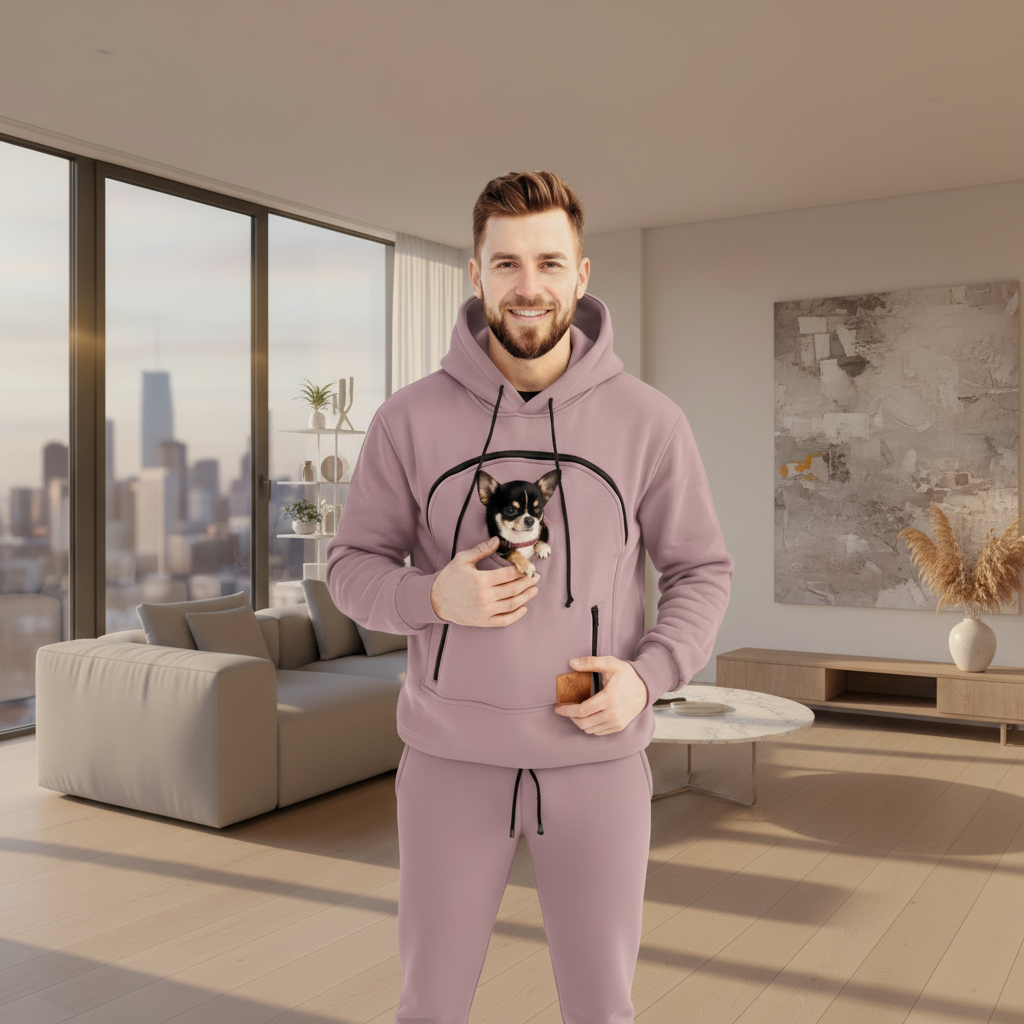 Man in a beige hoodie holding a small dog in a modern living room with cityscape view.