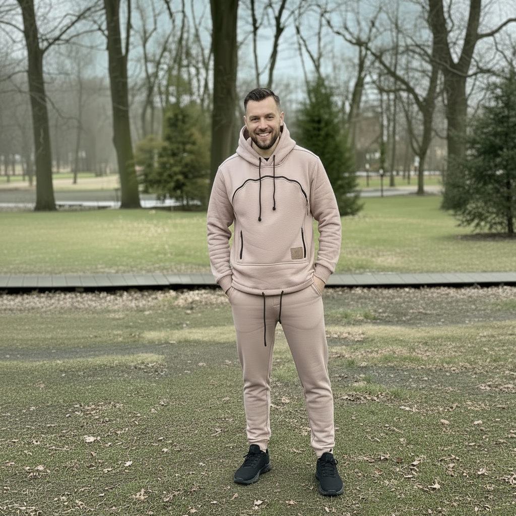 Man wearing a beige hoodie on a cushion outdoors