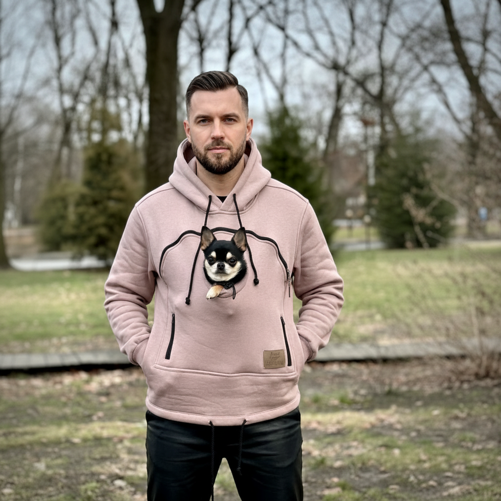 Man wearing a beige hoodie with a dog outdoors