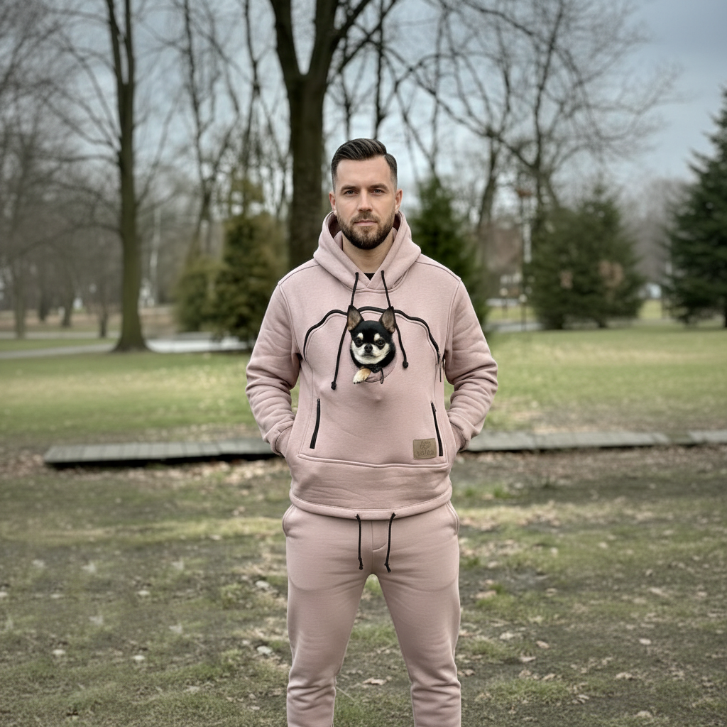 Man wearing a pink tracksuit with a dog in an outdoor setting